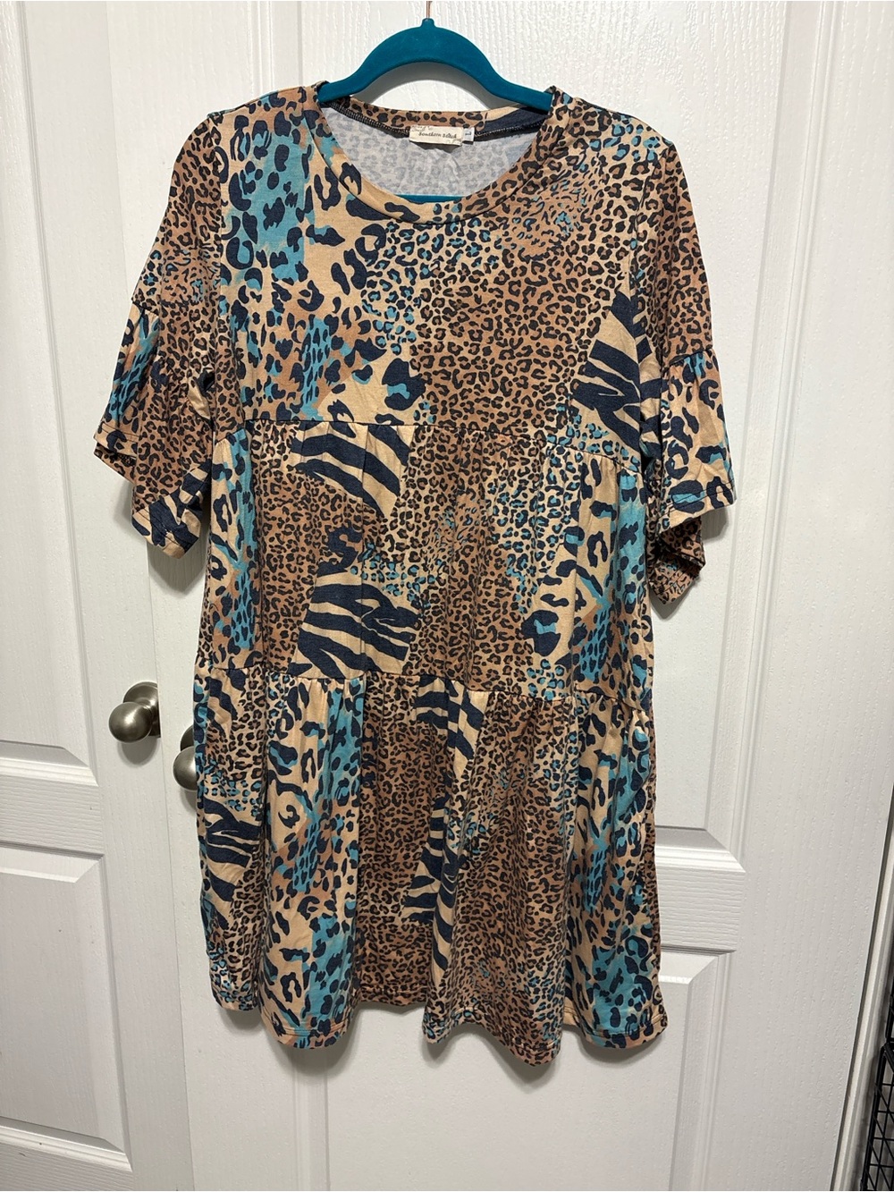 Teal and Tan Animal Print Tiered Maxi Dress